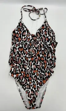 Bar III Leopard Print High Cut Deep V Neck One Piece Swimsuit Black/Tan Size XS‎