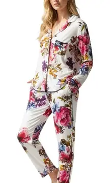 Soma Medium Pajama Set Floral White Purple Pink Button Up Long Sleeve Pants 1784