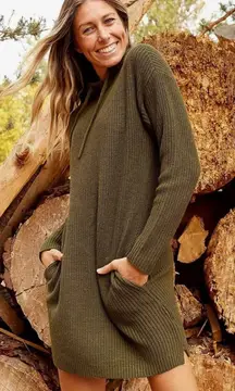 TOAD & CO Womens Whidbey Hooded Sweater Dress Fir Green Knit Pullover Size M