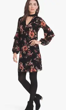 White House Black Market Black Long-Sleeve Floral Choker Shift Dress