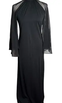 Vintage 70s Les Wilk Sheer Bell Sleeve Maxi Dress Small Black Evening Gown