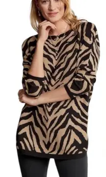 CAbi Dani Pullover Sweater Zebra Dazzle‎ Stripe Brown/Black Medium Animal Print