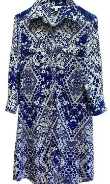 CABI 422 Blue Jewel Shirt Dress Collared Buttons Printed Shirtdress Small