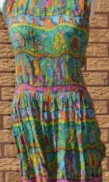 Bila Crinkle Maxi Dress Boho lisa Frank Tropical Fish Hawaii Vtg 90s Seashell L