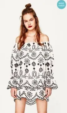 ZARA Trafaluc Collection White & Black Embroidered Scallop Mini Dress