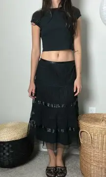 90s y2k vintage black fairy goth sheer tulle mesh lace ribbon tiered midi skirt