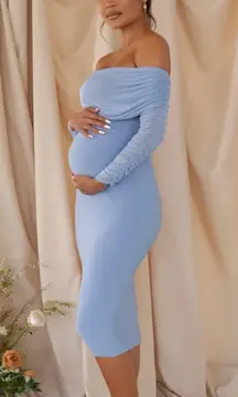 POWDER BLUE MATERNITY RUCHED MESH BARDOT MIDI DRESS