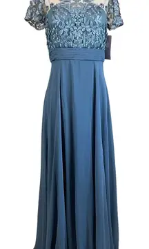 JS Collections Lace and Chiffon Evening Gown Blue Size 6 Short Sleeve Formal