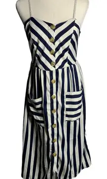 Style House Button Up Midi Dress M Blue White Striped Pockets Adjustable Straps