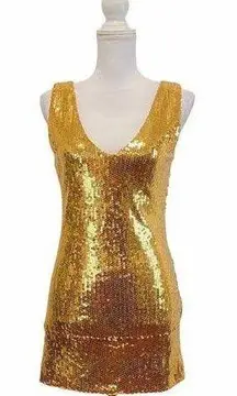 CGEN Women's Large Gold Sequins Sexy Clubwear Party Mini Sleeveless V Neck Dress