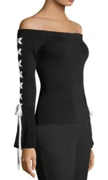 Scripted Off-The-Shoulder Contrast Lace-Up Bell Sleeve Sweater Size Small