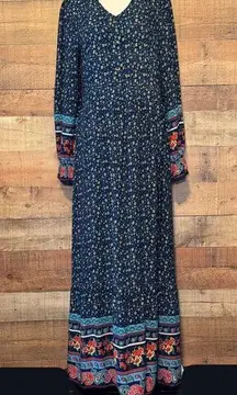 Bohemian V-Neck Womens size Small Flowy Navy Blue Floral Maxi Dress