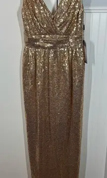 NWT Renz Ragz Bridal Metallic Sequin Gold Wrap Neckline Maxi Gown Size 4 formal