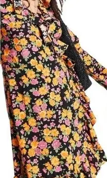 NEW Top-shop Rose Ruffled Long Sleeve Mini Wrap Dress Floral Spring Size 6