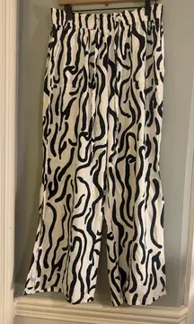 Calligraphie Black White Abstract Zebra Wide Leg Linen Blend Pants L