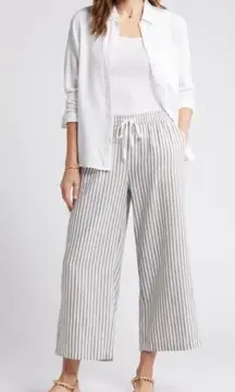 ‘Striped Drawstring Wide-Leg Linen Pants’ in Olive-White Stripe, sz Small Petite