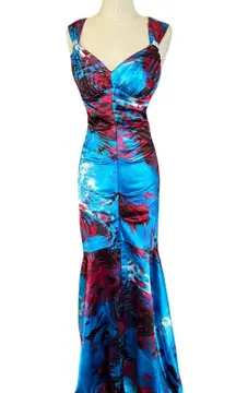 Blondie Nites by Stacy Sklar Prom Dress Long Evening Gown Runched Mermaid Style Open Back Blue and Red Size 5