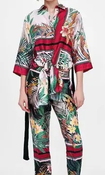 ZARA  Tropical Printed Crop Satin Straight High Waist Trousers Pants Small