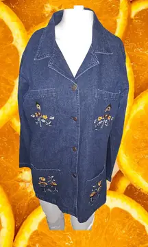 Denim and Co Floral Embroidered with Birdhouse Button‎ Up Shirt Size S