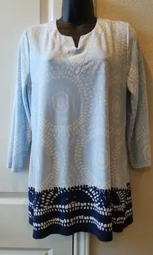 Chico's Women's Tunic Top Size 1 3/4 Sleeve Blue White Circle Print