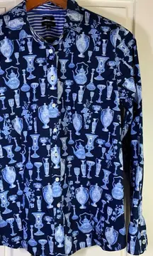 Talbots Non Iron‎ Vase Pots Print Long Sleeve Button Shirt Womens 6 Blue Preppy