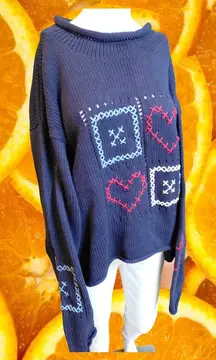Coldwater Creek Navy Blue Cotton Knit Sweater Hearts Squares Applique XL