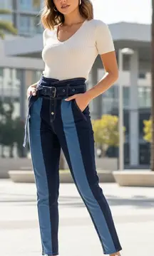 Honey Punch High Waisted Contrast Cotton Jeans with Belt Size S Preowned