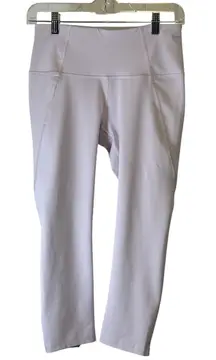 Apana Women's Cropped Capri Leggings Sz Small White Purple Hue Criss-Cross Hem #