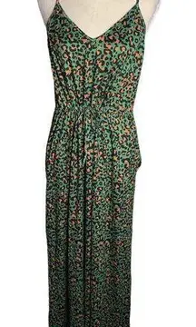 Ive Cloth Sleeveless Maxi Dress L Green Leopard Print Drawstring Waist Pockets