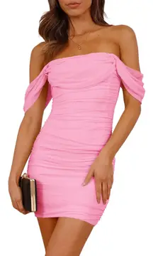 Pink Off The Shoulder Ruched Dress