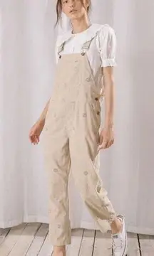 Storia Tan Embroidered Smiley Corduroy Cropped Overalls Women's Size Small NEW