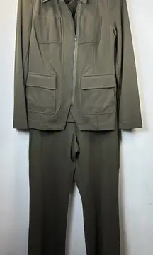 CAbi #4120 Academy Blazer pant set Small Olive Green Knit Stretch Asymmetrical