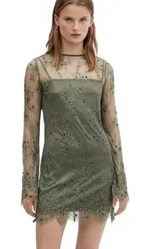 MNG Mango Olive Green Lace Long Sleeve Dress Sheer Overlay Beaded‎ Embellished