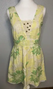 FREE PEOPLE Mini Sun Halter Dress Size 8 Yellow Green Cotton Floral Open Back