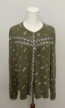 Lucky Brand Top Floral Print Button Front Boho Peasant Prairie Olive Green White