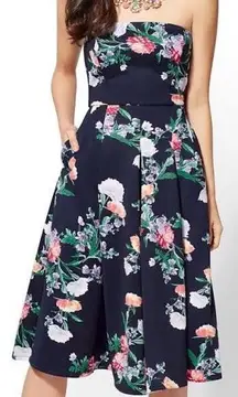 New York and Company Navy Floral Strapless Dress