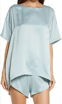Lunya Washable Silk Tee Pajama 100% Silk Cumulus Blue Size M Oversized Lounge
