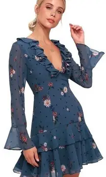 Keepsake Run Free Floral Print Ruffled Mini Dress Blue Long Sleeve Size XS New