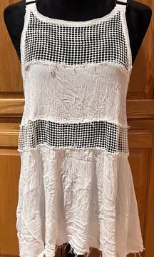 Free People Snap Out of It Raw Edge Crochet Mesh Inset Tank Top Mini Dress White