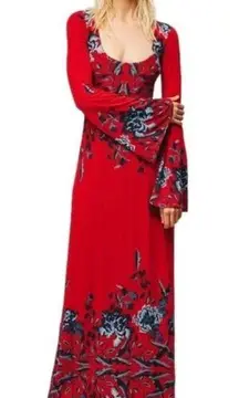 Free People  Red Floral Maxi Dress Midnight Garden Bell Sleeve Stretch Size Small