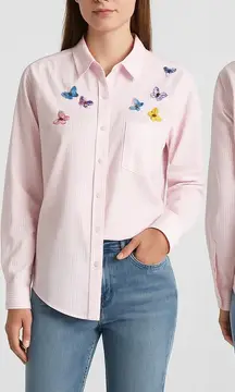 Las Olas Pink Striped Button Down Shirt M Embroidered Butterfly Blouse‎ Kawaii