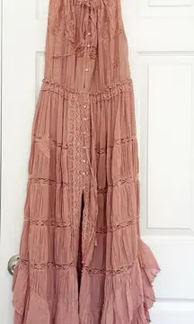 RARE Free People Dolly Bodysuit Maxi Dress Dusty Rose Pink Bohemian Size S