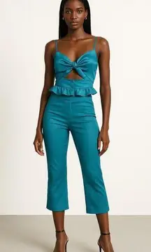Honey Punch Blue Silky Satin Sleeveless Crop Top & Capri Pants 2 Piece Set XS