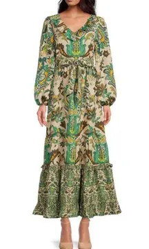 A Loves A Paisley Printed Voile Long Sleeve Ruffle V-Neck Tiered Maxi Dress M