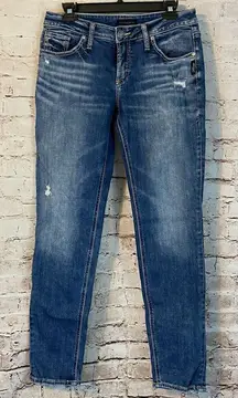 Silver Jeans Co. Women's Blue Medium Wash Light Distress Skinny Jeans Size 29