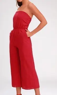Lulus Sunlight Special Red Embroidered Strapless Jumpsuit,‎ 100% Cotton, Size XS