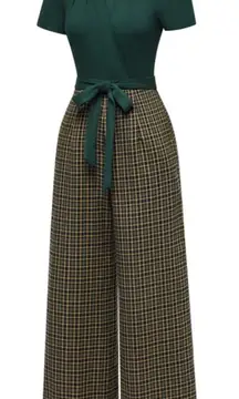 Retrostage GREEN 1930S PLAID KEYHOLE NECK BELTED JUMPSUIT small NWT