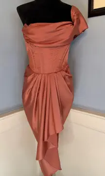 HOUSE OF CB 'Janis' Rouge Satin One Shoulder Draped Midi Dress Size XL-US 10-12