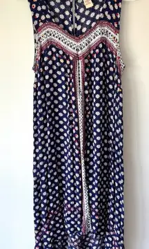 Sundance Aztec Star Print Embroidered Dress High Low Blue Sleeveless Flowy