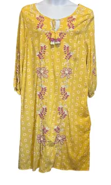 Charter‎ Club Women Midi Dress XL Yellow Embroidered Floral Boho Cottagecore